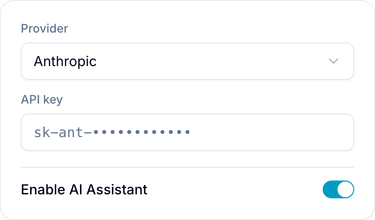 AI provider and API key Provider select and API key field, with Enable AI Assistant toggle