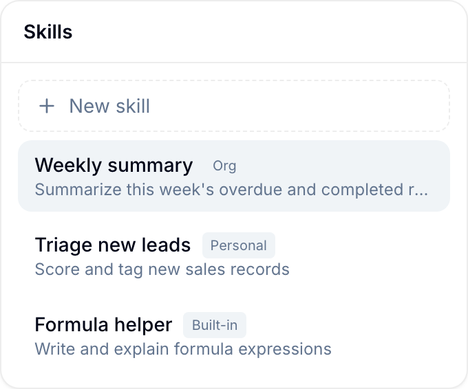 Skills picker Skills picker showing Personal, Org, and Built-in skills