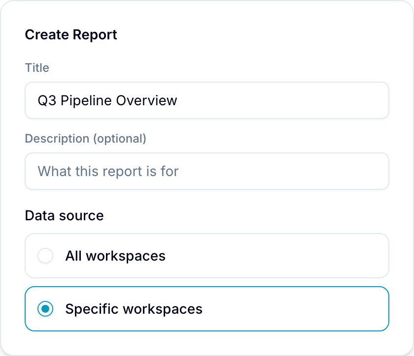 Create Report dialog Create report dialog with Title, Description, and data source scope