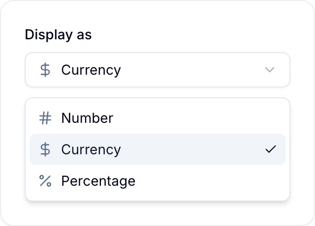 Stat card display options Number, Currency, and Percentage display options