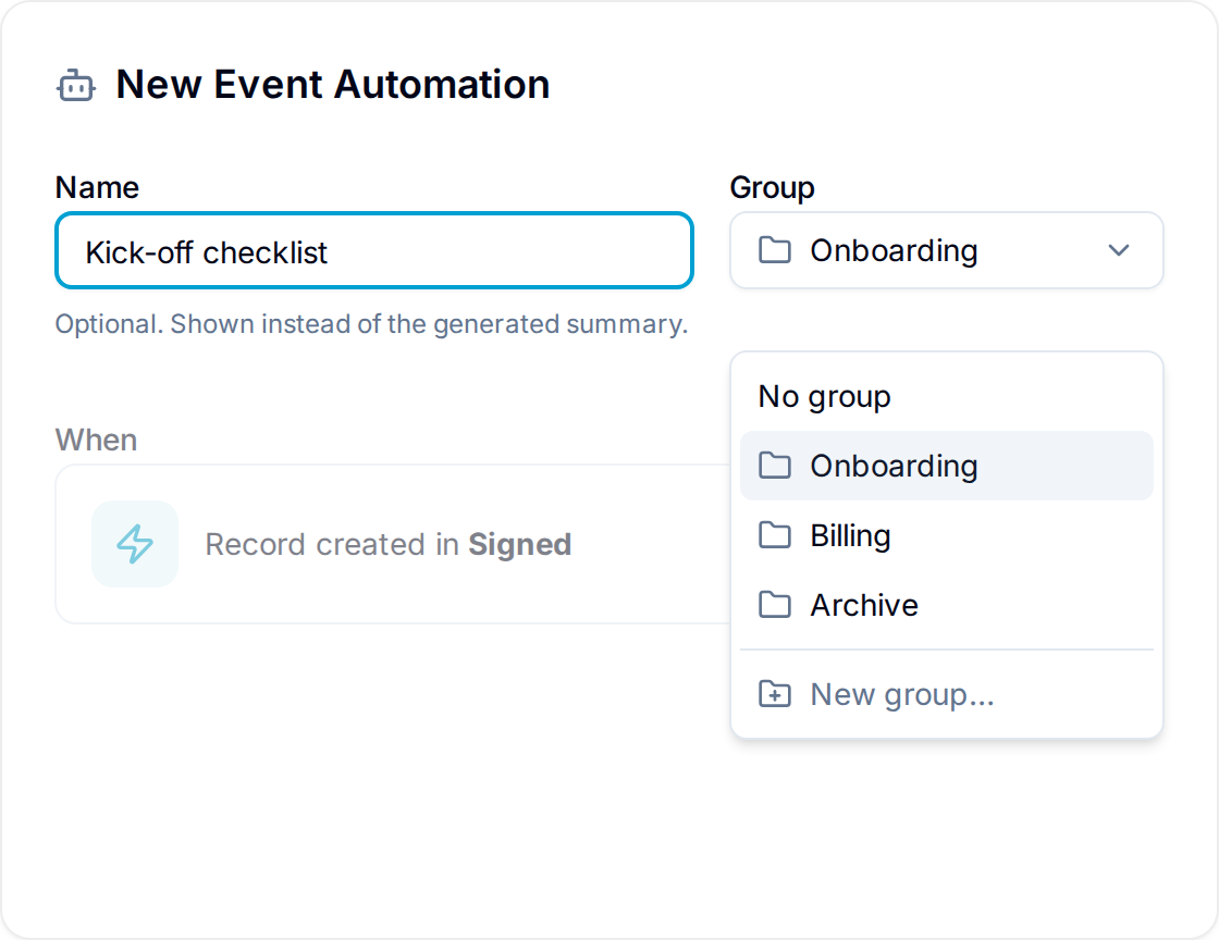 Automation form with the Name field and the Group picker Automation form with the Name field and the Group picker