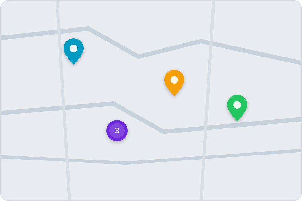Multiple record locations displayed in the Map view Multiple record locations displayed in the Map view