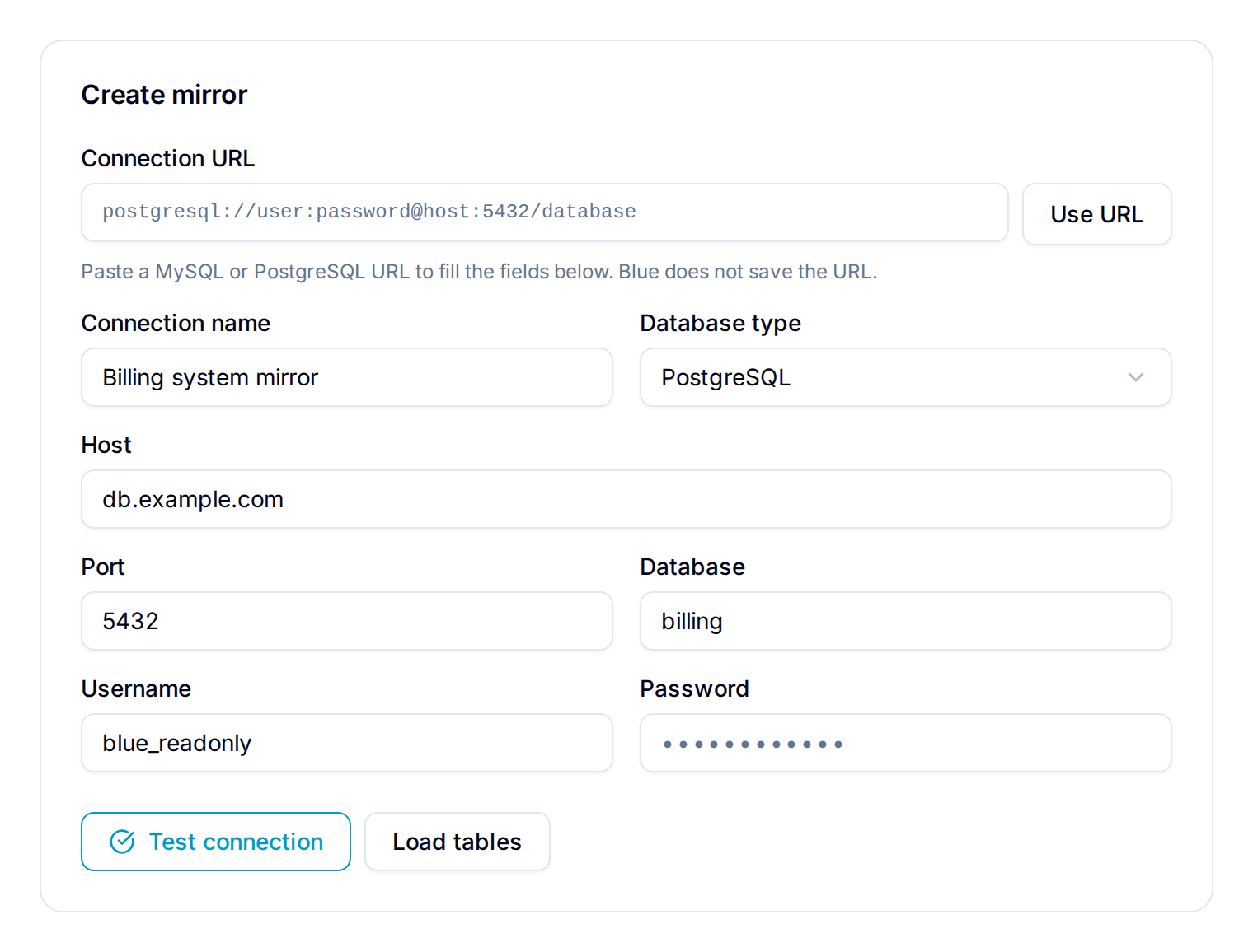 Database Sync connection form with a Test connection button