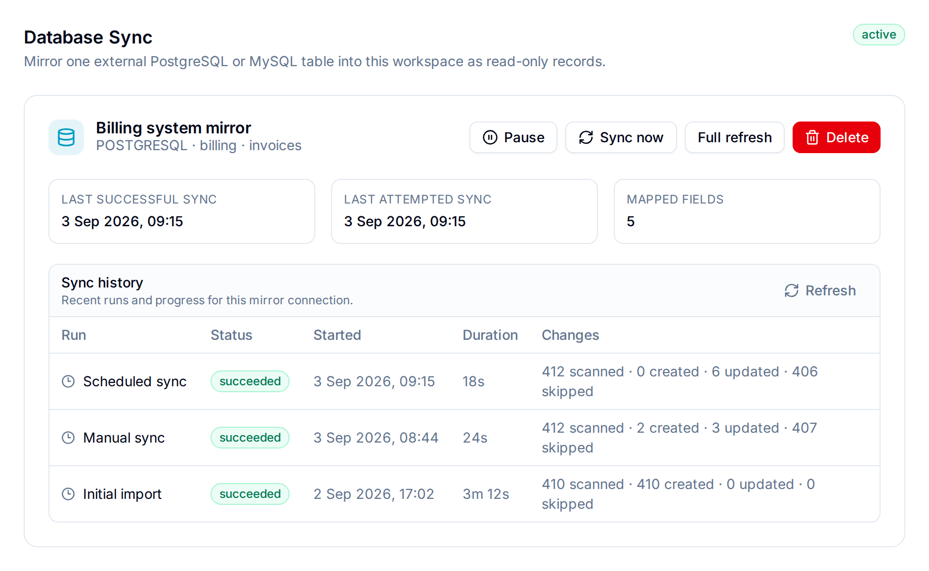 Active database sync connection with status tiles and the sync history table