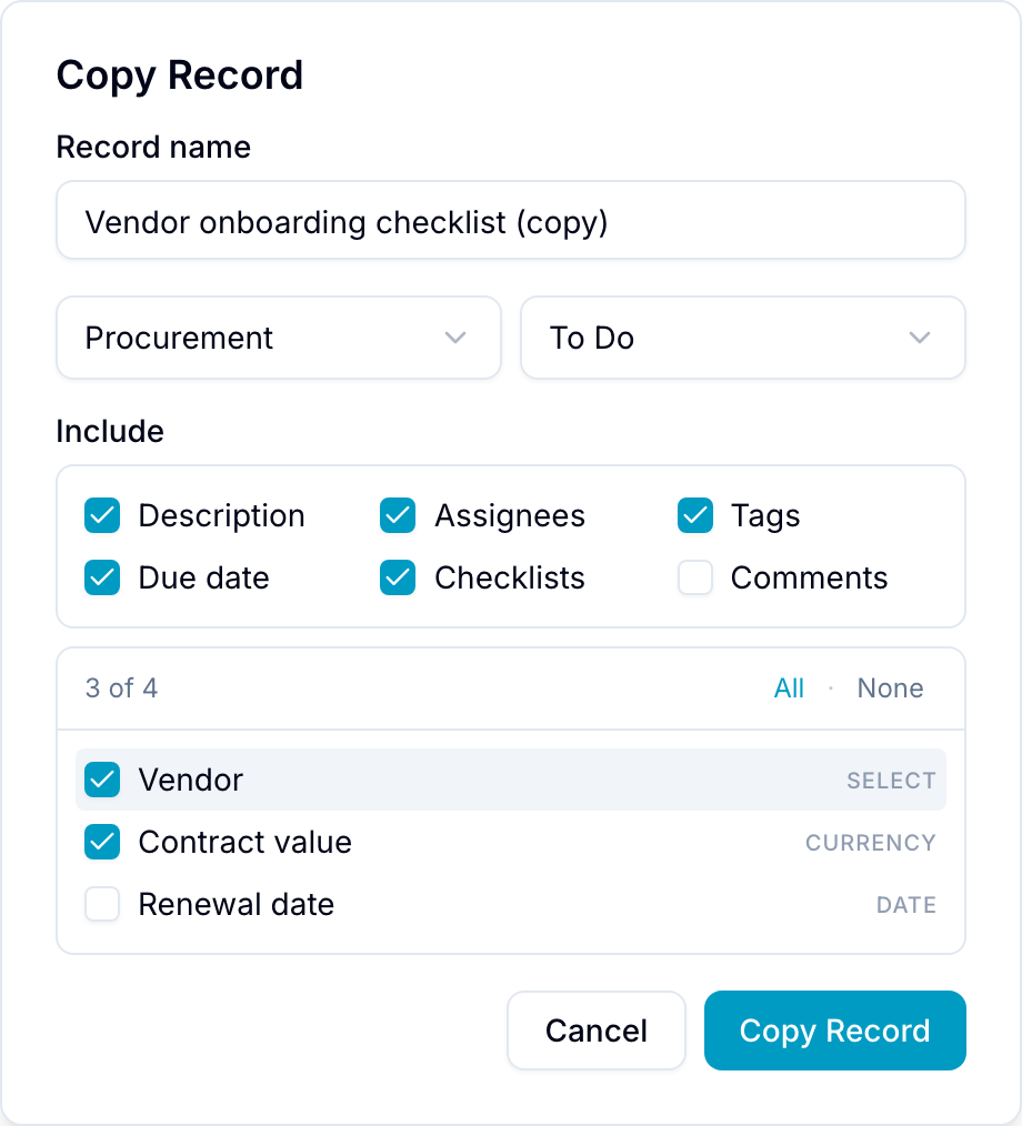 The Copy Record dialog with include options and the custom-field picker