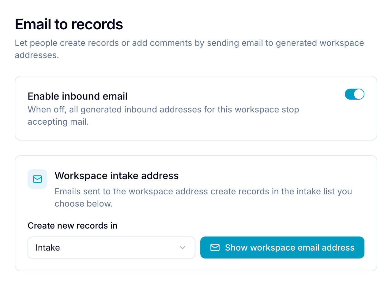 The Email section of workspace settings, with inbound email enabled and an intake list selected