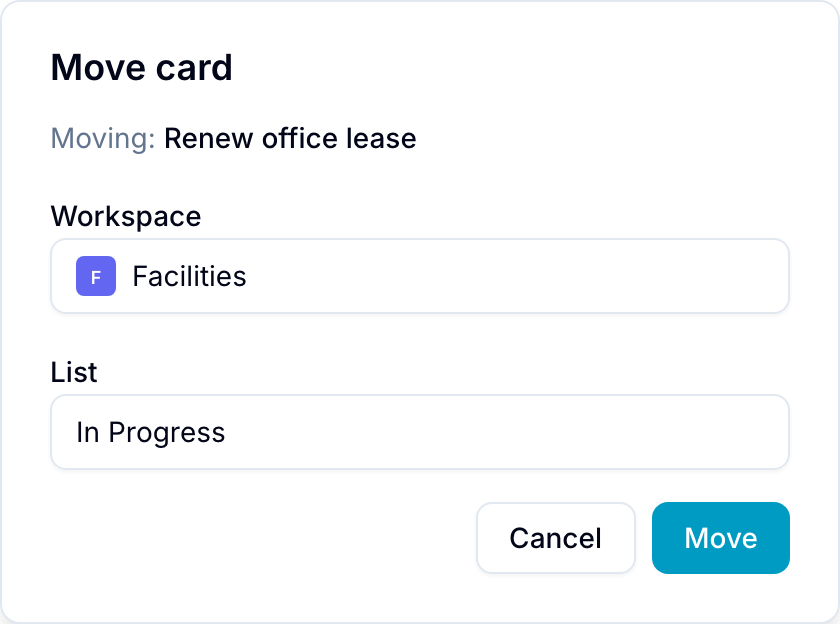 The Move card dialog with workspace and list pickers