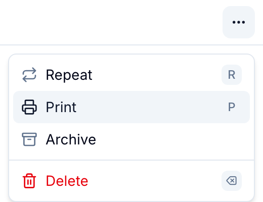 The record menu with the Print action highlighted