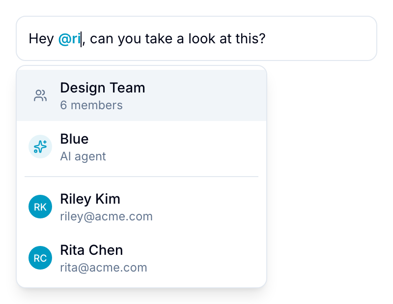 @mention suggestion dropdown showing group options and individual team members