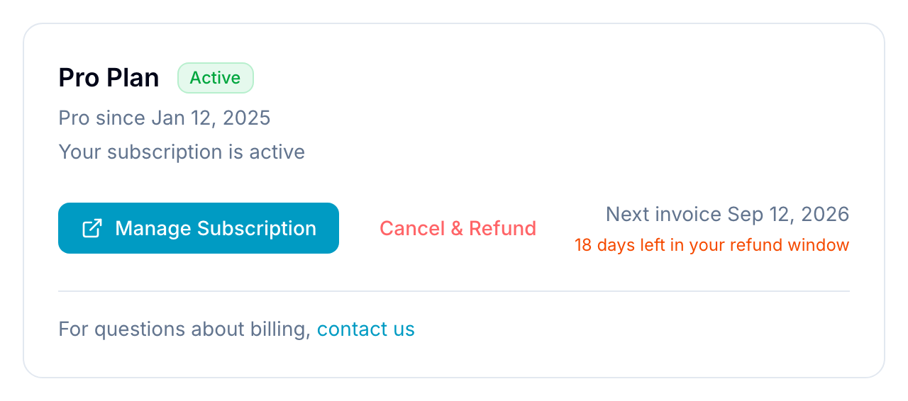 Pro Plan billing card showing active status, Manage Subscription, Cancel & Refund, and next invoice date