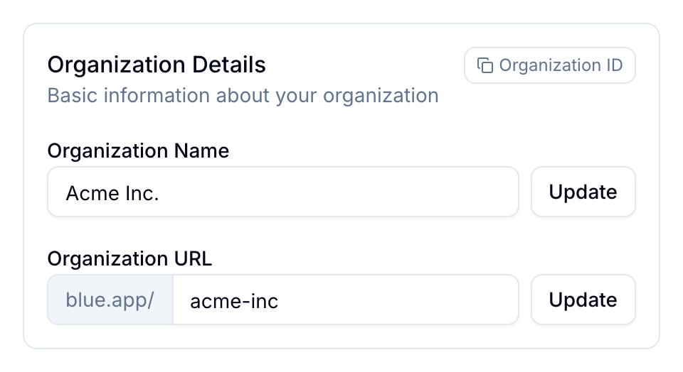 Organization Details settings card with organization name and URL fields