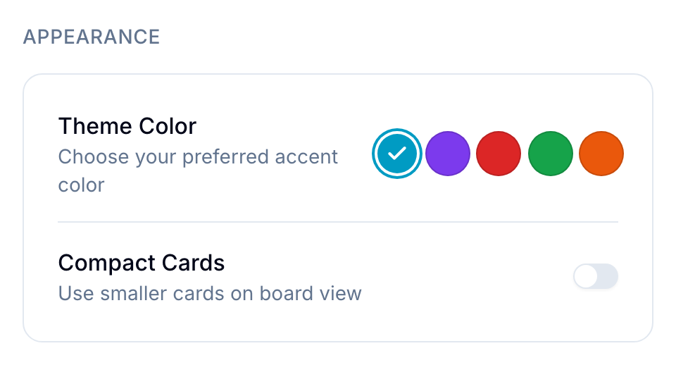 Appearance card with theme color swatches and a Compact Cards toggle