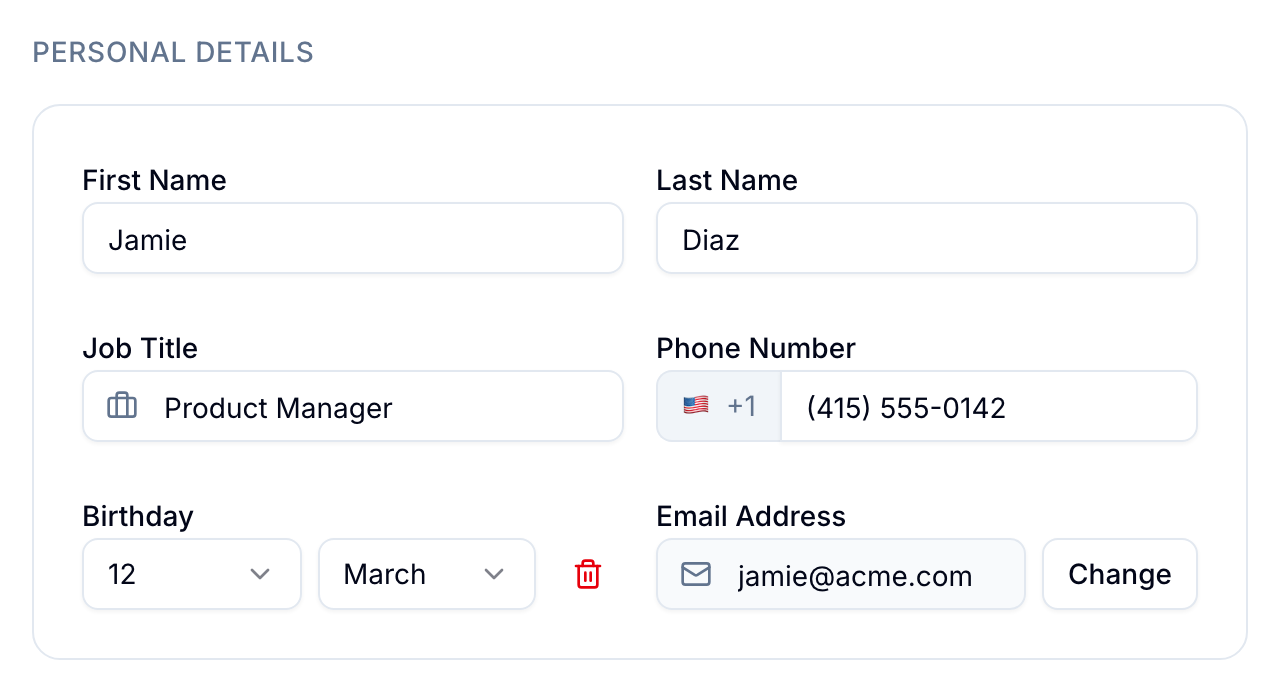 Personal Details card with name, job title, phone number, birthday, and email fields