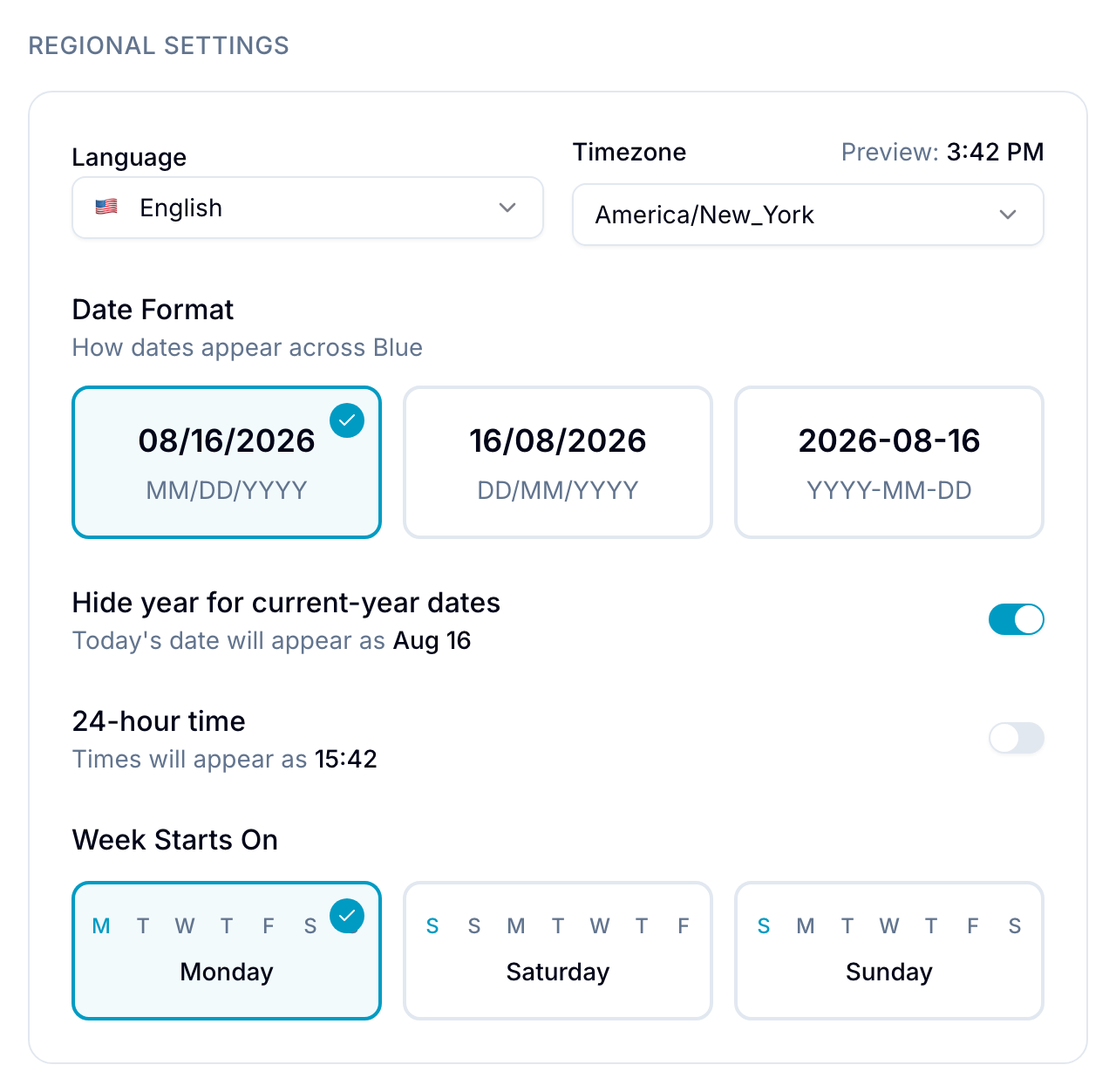 Regional Settings card with language, timezone, date format, hide-year toggle, 24-hour toggle, and week-start options