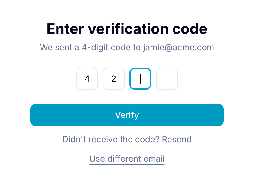 One-time password entry screen with a 4-digit code input, Verify button, and Resend link
