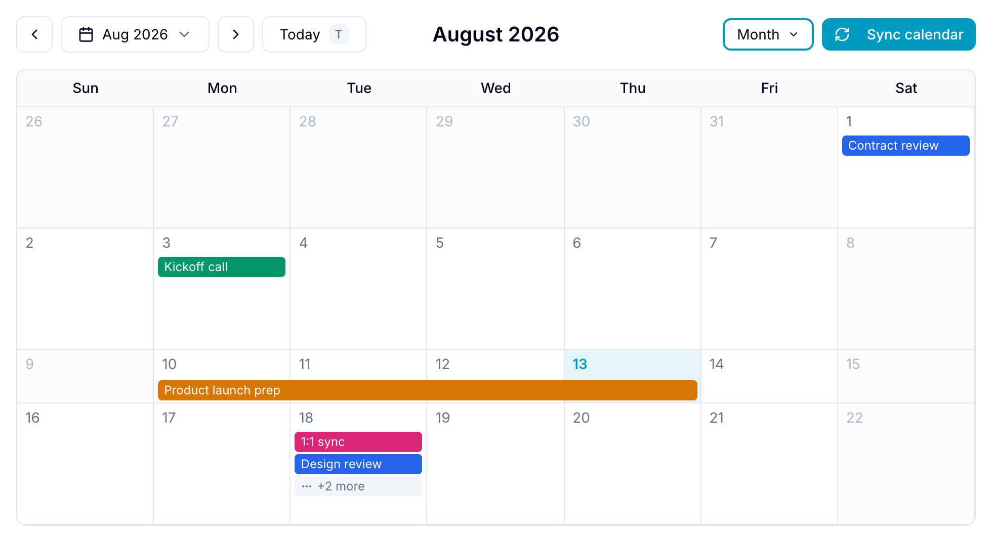 Month view of the calendar with a populated toolbar, navigation controls, and due-date bars across the grid