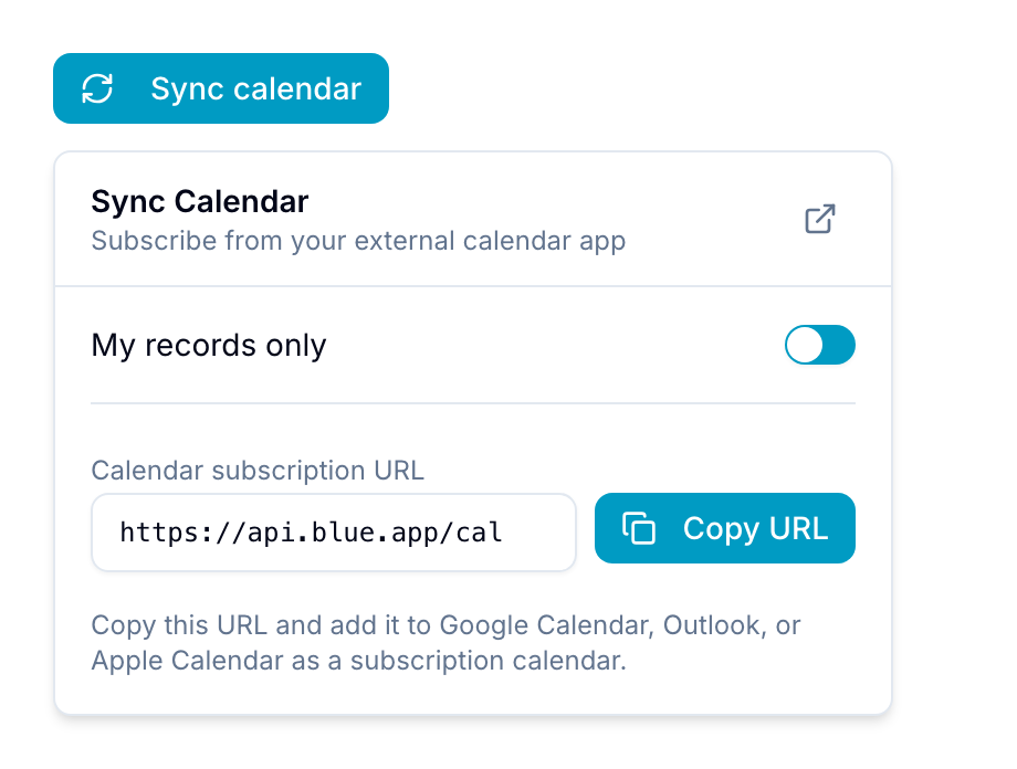 Sync Calendar popover showing the calendar subscription URL and a My records only toggle