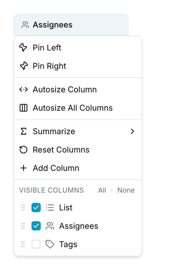 Column header context menu with pin, autosize, summarize, and visible-columns options