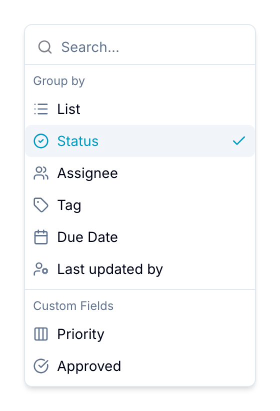 Group by field picker listing built-in and custom field grouping options
