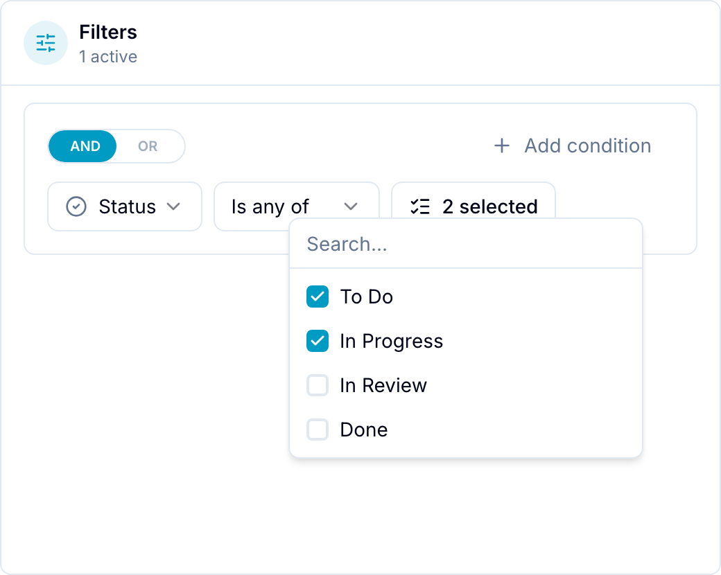 Advanced filter panel with a Status field, "Is any of" operator, and value picker open