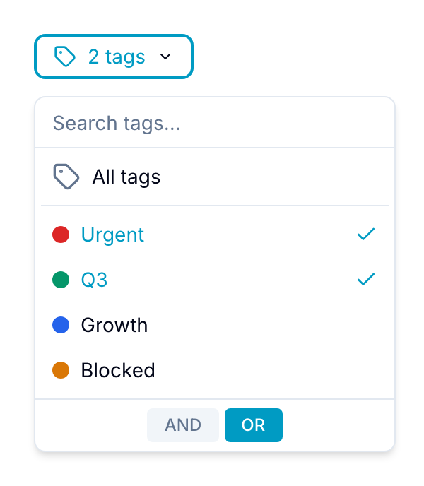 Tags quick filter dropdown with two tags selected and an AND/OR mode toggle