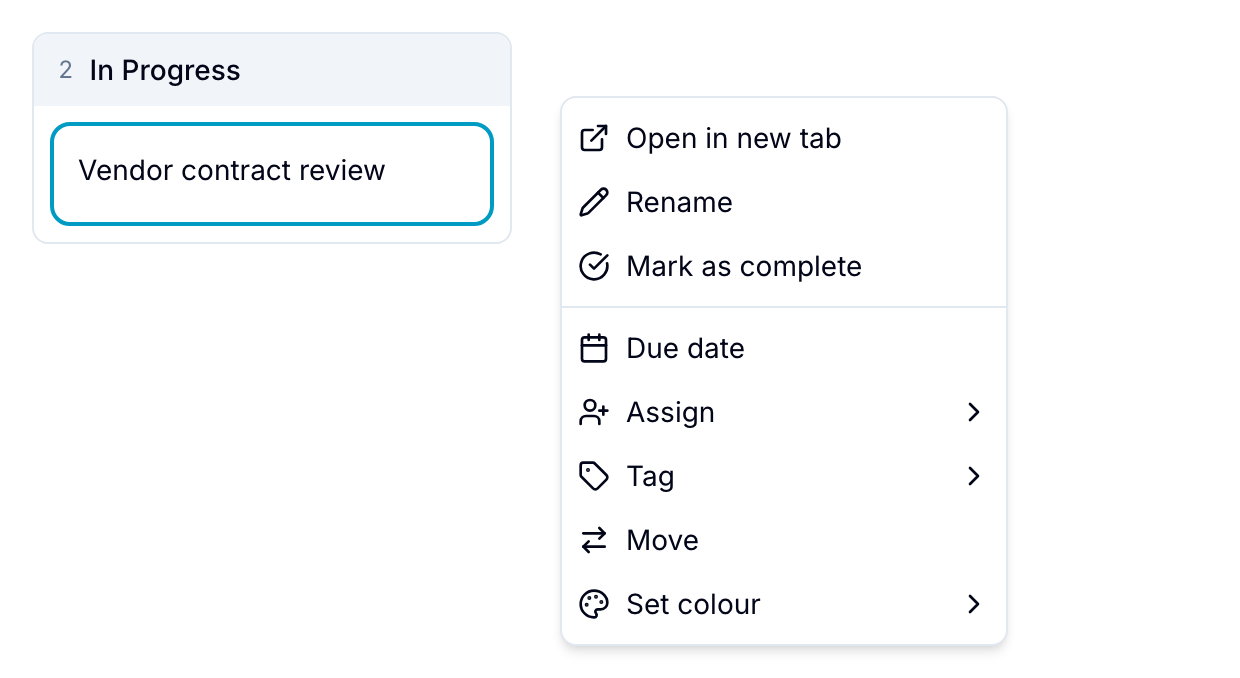 Right-click context menu on a record card with options to rename, assign, tag, move, and more