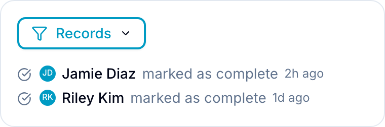 Workspace activity log Workspace Activity log filtered to Records type, showing two record-completion entries