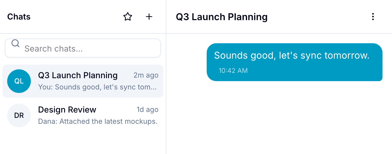 Chat sidebar with two topics and an open thread showing a sent message