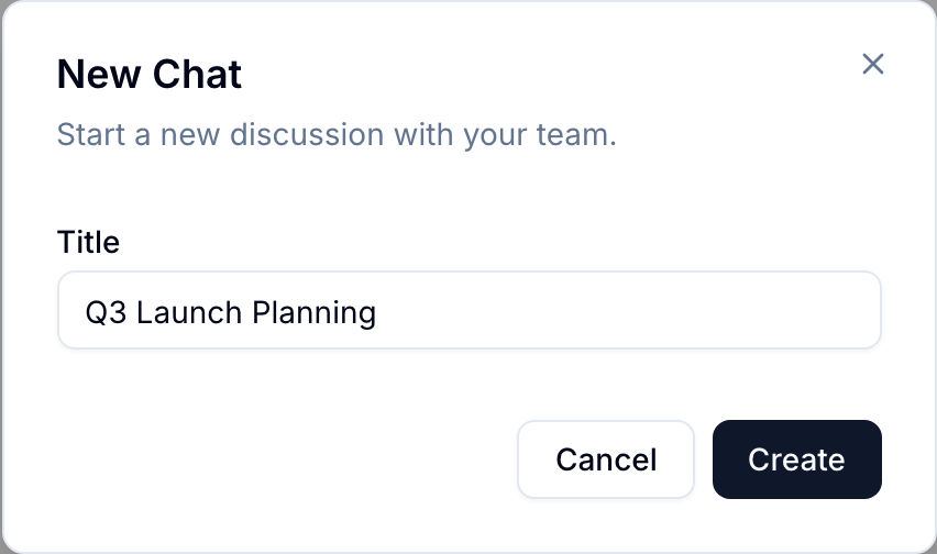 New Chat dialog with a topic title entered, and Cancel and Create buttons