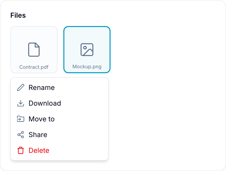 File context menu Files tab with a file's context menu showing Rename, Download, Move to, Share, and Delete