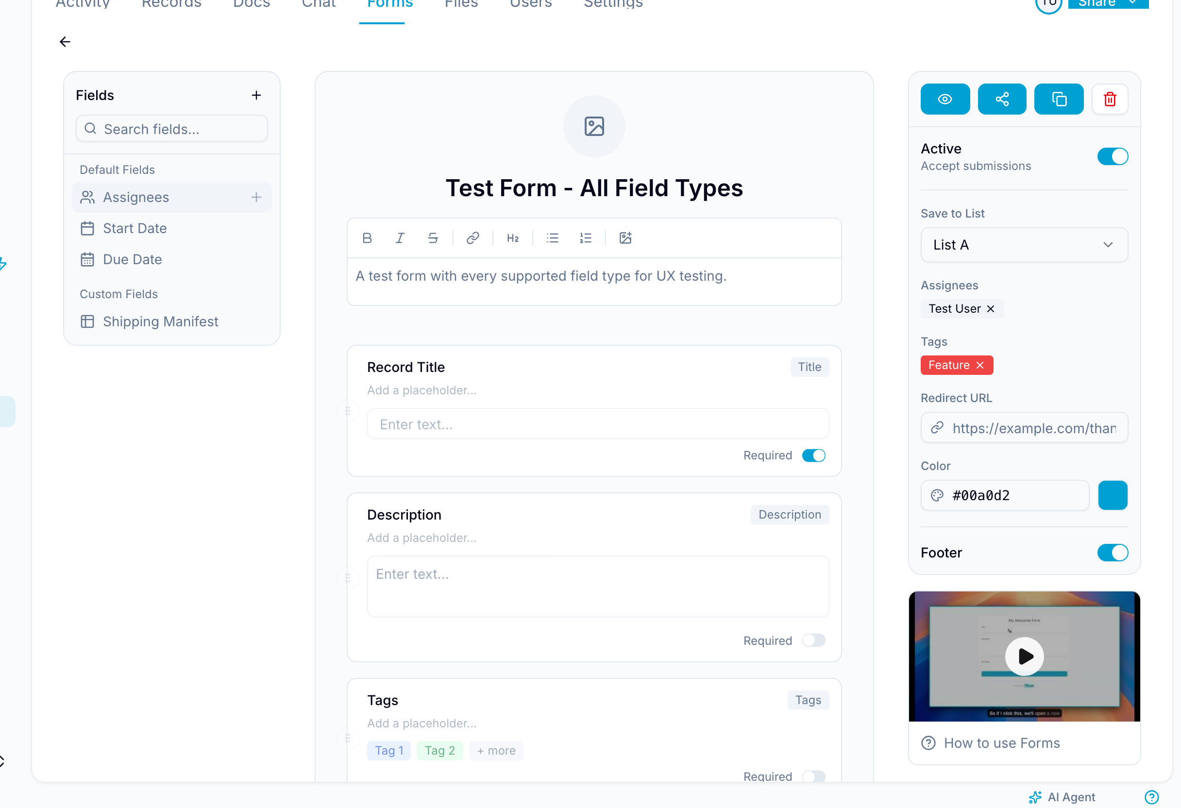Form editor with a left field palette, center canvas, and right settings panel showing routing, redirect URL, and color