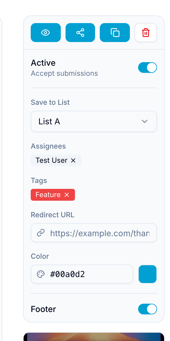 Form editor settings panel with Save to List, Assignees, Tags, Redirect URL, and Color fields