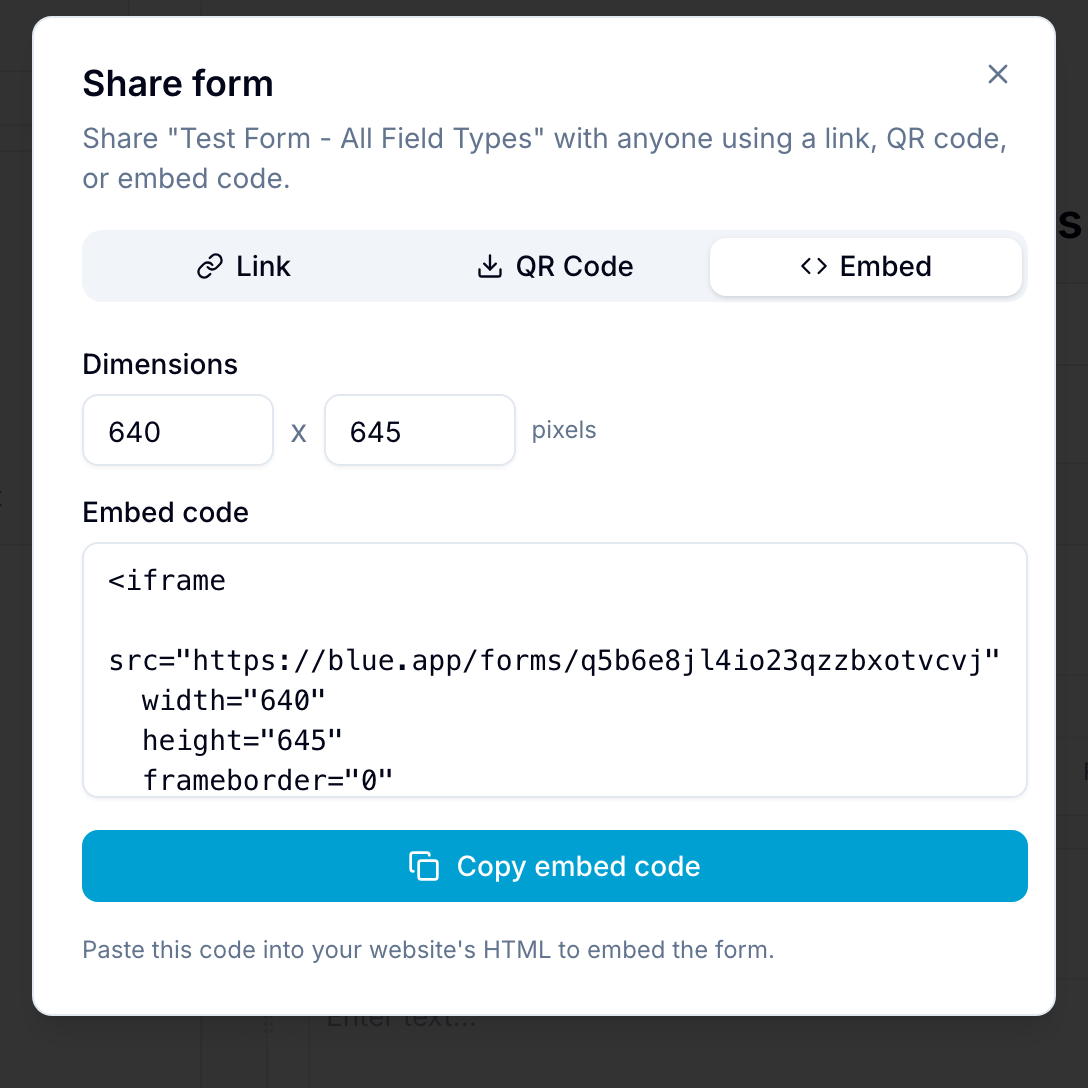 Share form dialog on the Embed tab, showing configurable dimensions and the iframe embed code
