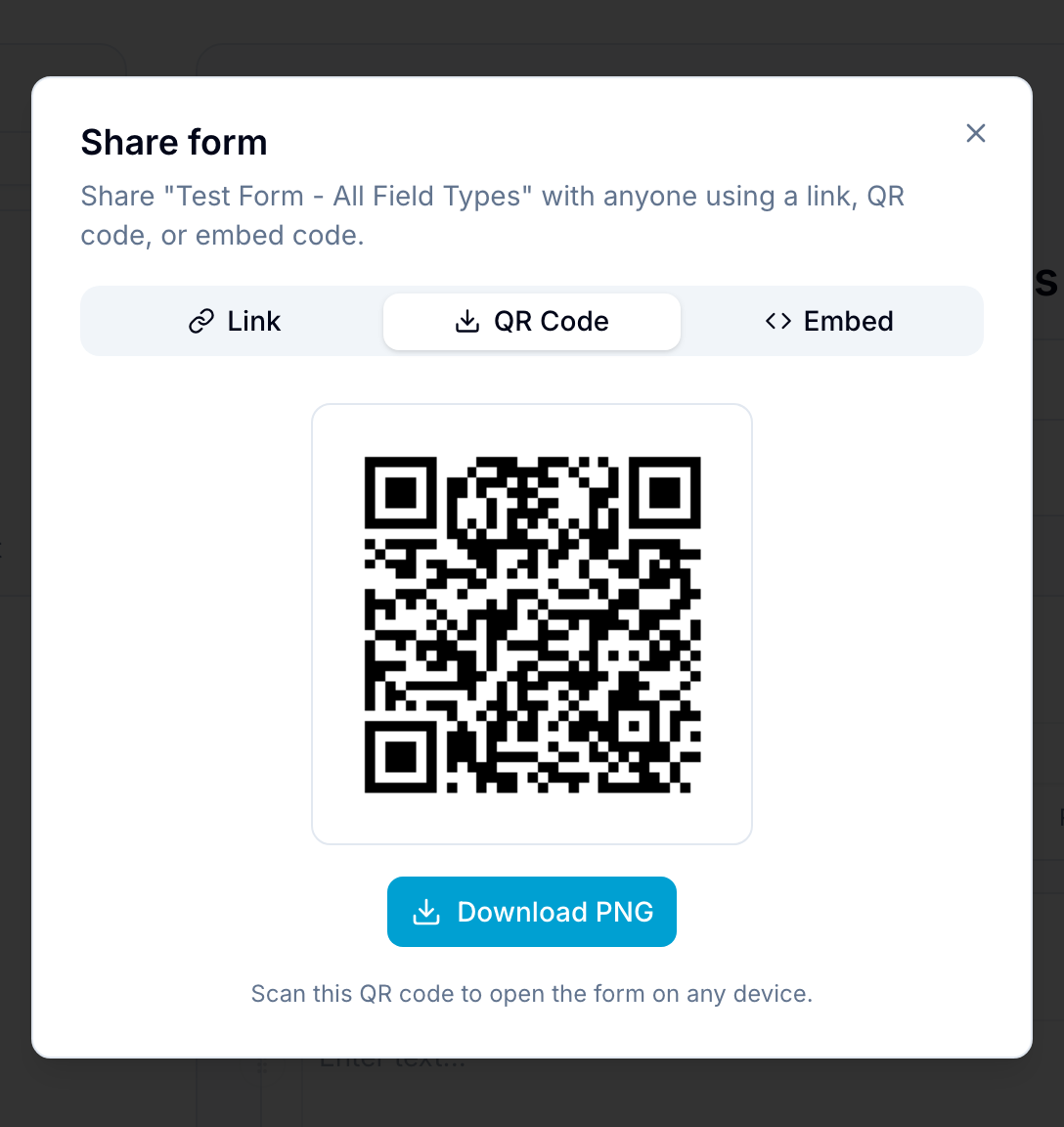 Share form dialog on the QR Code tab, showing a generated QR code and a Download PNG button