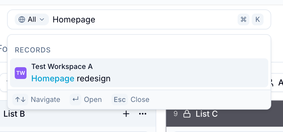 Search bar with a typed query and a Records results section showing a matched record